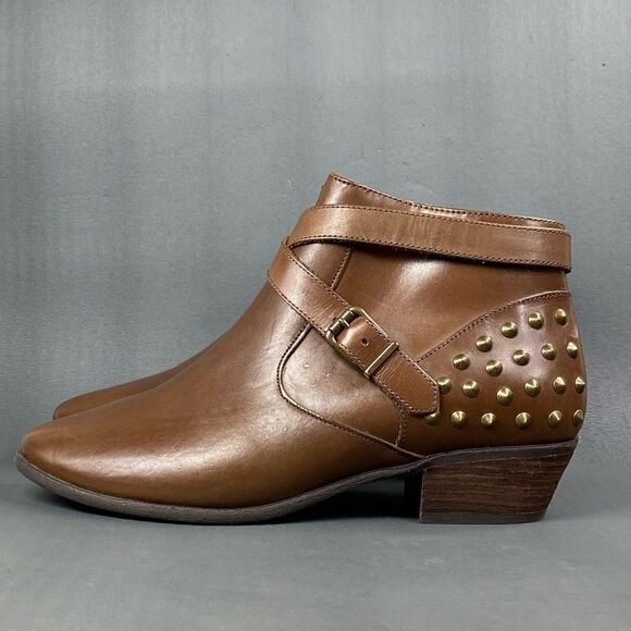 NURTURE Flint BROWN LEATHER Brass Rivets Zip ANKLE Booties womens size 10 - Picture 2 of 9
